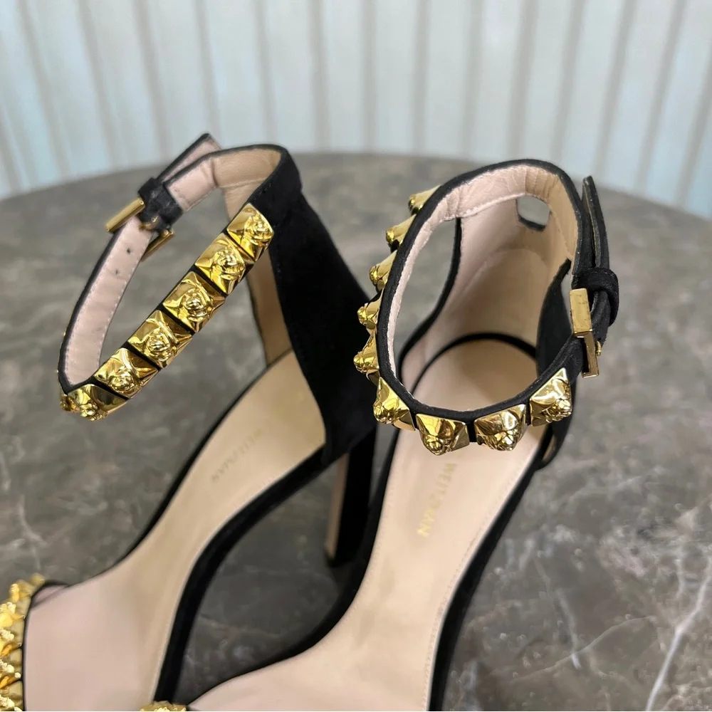 NEW Stuart Weitzman The Rosist Black Suede and Gold Studded Sandal Heels